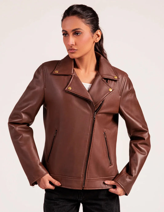 Vintage Leather Biker Jacket Coffee Brown - Dasier