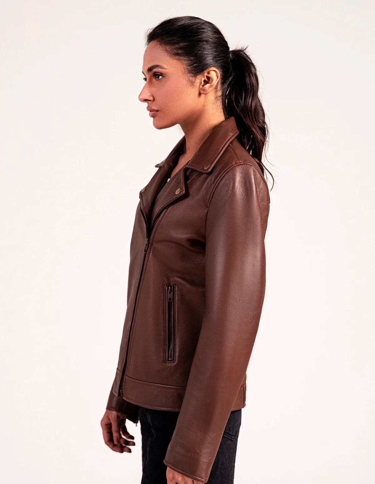 Vintage Leather Biker Jacket Coffee Brown - Dasier